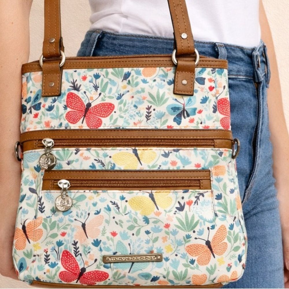Floral Butterfly Tote Bag with Tan Accents